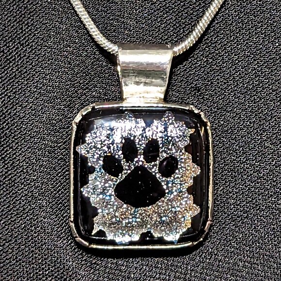 Wow Silver & Black Signed PAW PRINT Dichroic Glass Bezel Sterling Silver Pendant - Picture 3 of 5